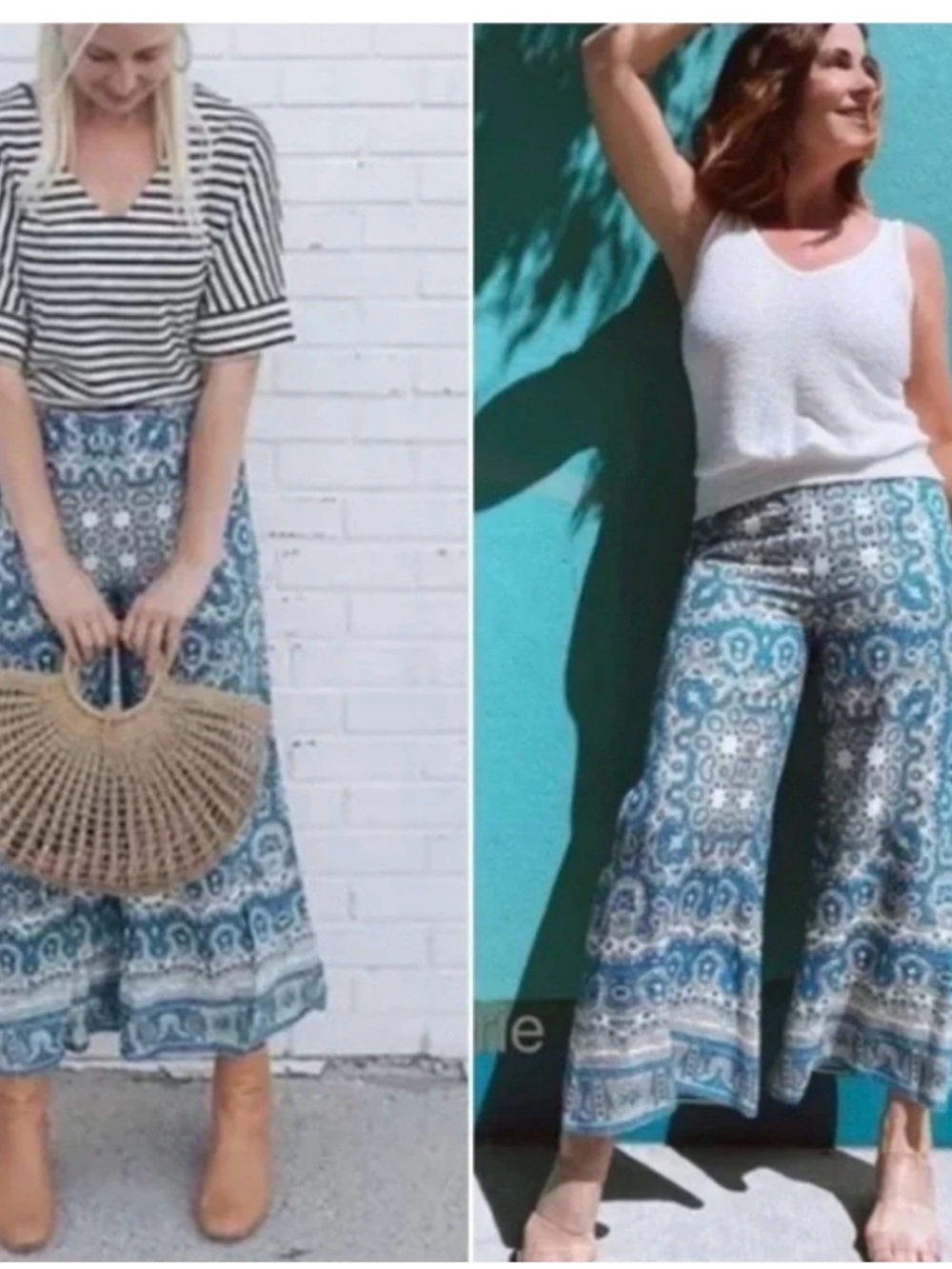 Feather bone by Anthropologie Blue Mosaic Wide-Leg Cropped Pants